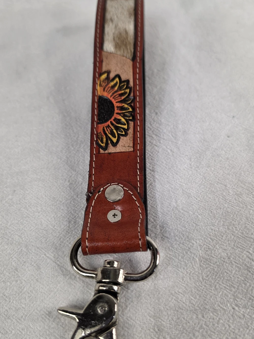 Western Tooled Leather Sunflower Wristlet Keychain Cowhide Turquoise Concho Boho